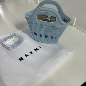 Marni Powder Blue Mini Woven Tote with Leather Trim